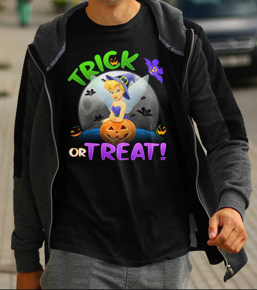 Trick Or Treat Tinker Bell Halloween Jack-O'-Lantern Moon Bat Mickey Ears T-Shirt