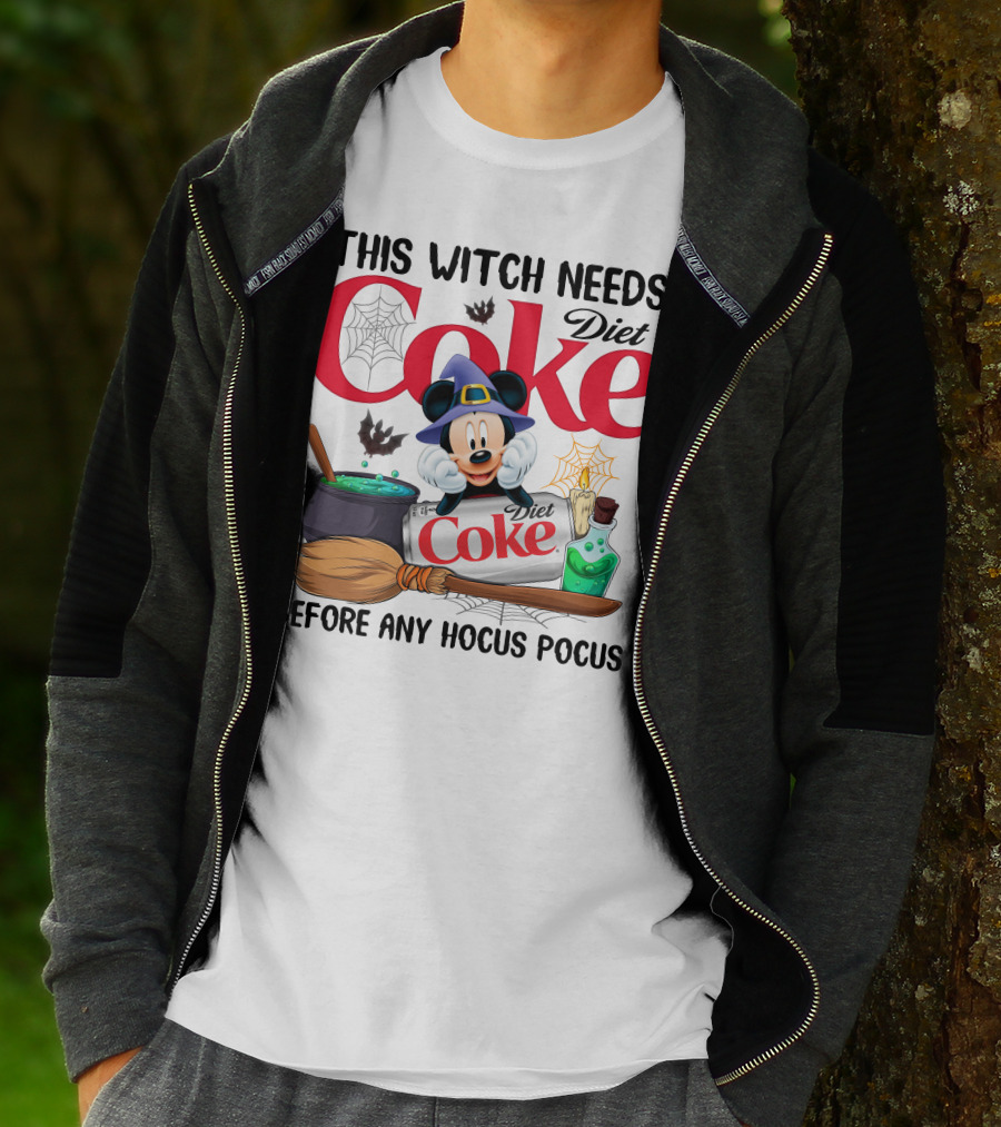 This Witch Needs Diet Coke Before Any Hocus Pocus Mouse Hat Potion Broom Cauldron T-Shirt