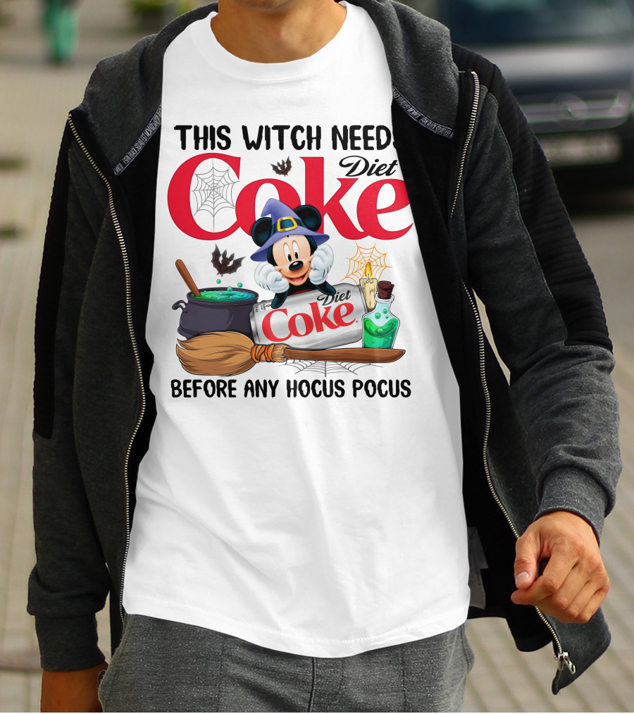 This Witch Needs Diet Coke Before Any Hocus Pocus Mouse Hat Potion Broom Cauldron T-Shirt