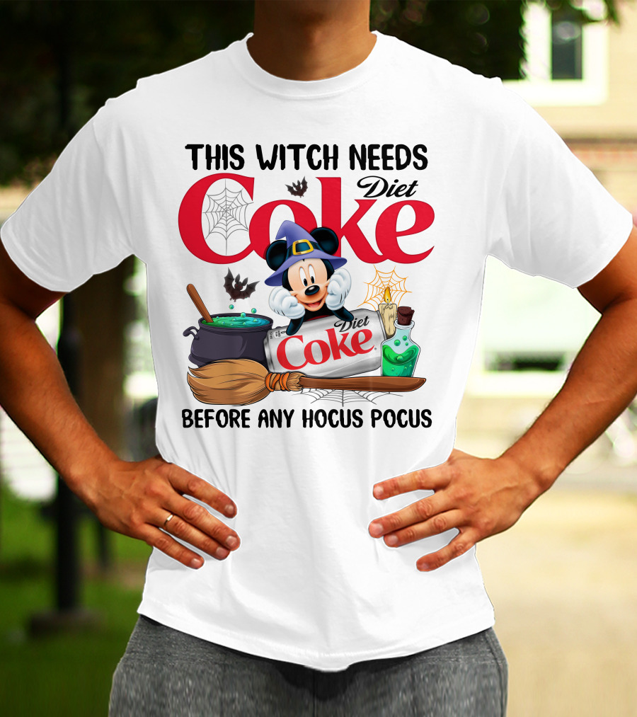 This Witch Needs Diet Coke Before Any Hocus Pocus Mouse Hat Potion Broom Cauldron T-Shirt