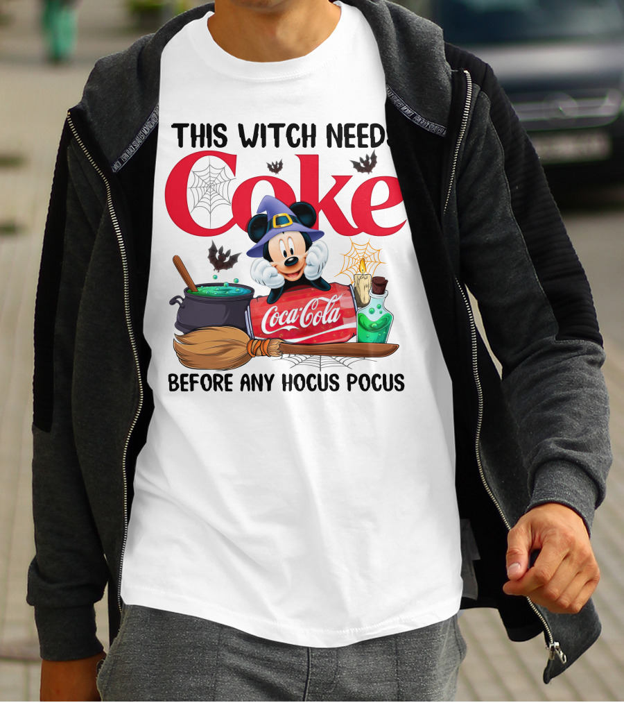 This Witch Needs Coke With Mickey Mouse Before Any Hocus Pocus Coca-Cola Magic Cauldron Broom Potion T-Shirt