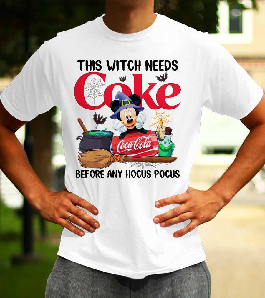This Witch Needs Coke With Mickey Mouse Before Any Hocus Pocus Coca-Cola Magic Cauldron Broom Potion T-Shirt