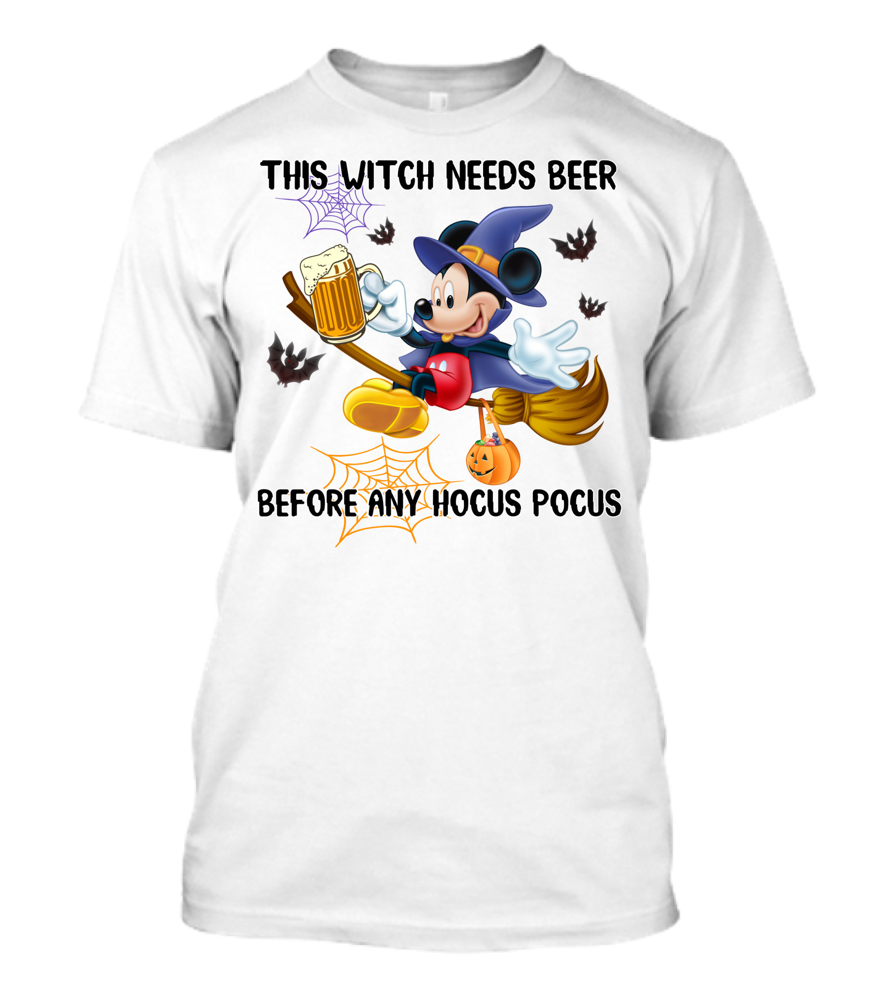 This Witch Needs Beer Before Any Hocus Pocus Halloween Character On Broom With Pumpkin And Beer Mug T-Shirt