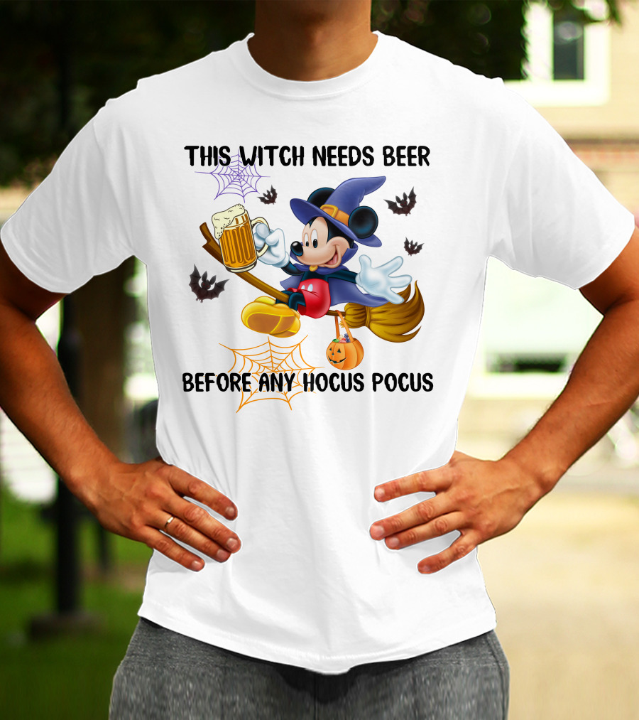 This Witch Needs Beer Before Any Hocus Pocus Halloween Character On Broom With Pumpkin And Beer Mug T-Shirt