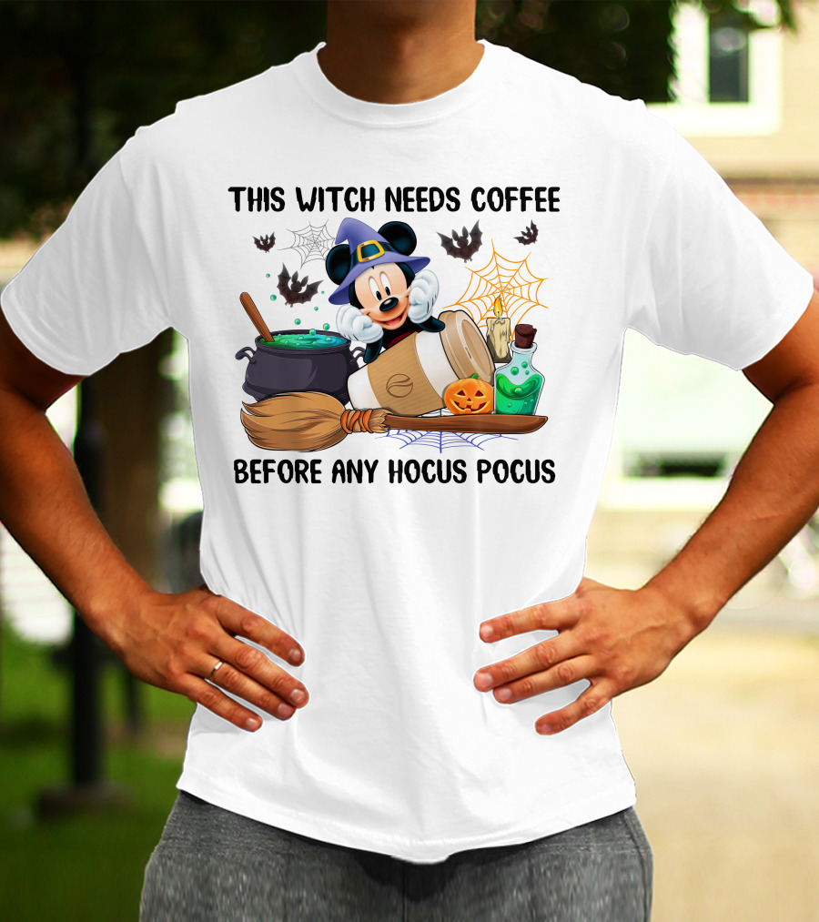 This Witch Needs Coffee Mickey Cauldron Bats Potion Pumpkin Broom Hocus Pocus T-Shirt