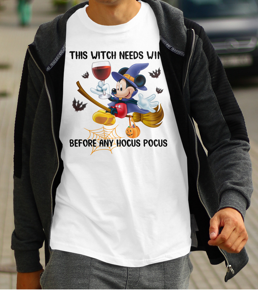 This Witch Needs Wine Before Any Hocus Pocus Broomstick Wineglass Halloween T-Shirt