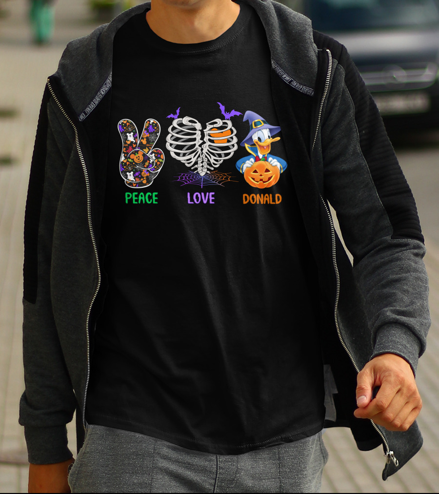 Peace Love Donald Halloween Duck With Pumpkin And Bats T-Shirt