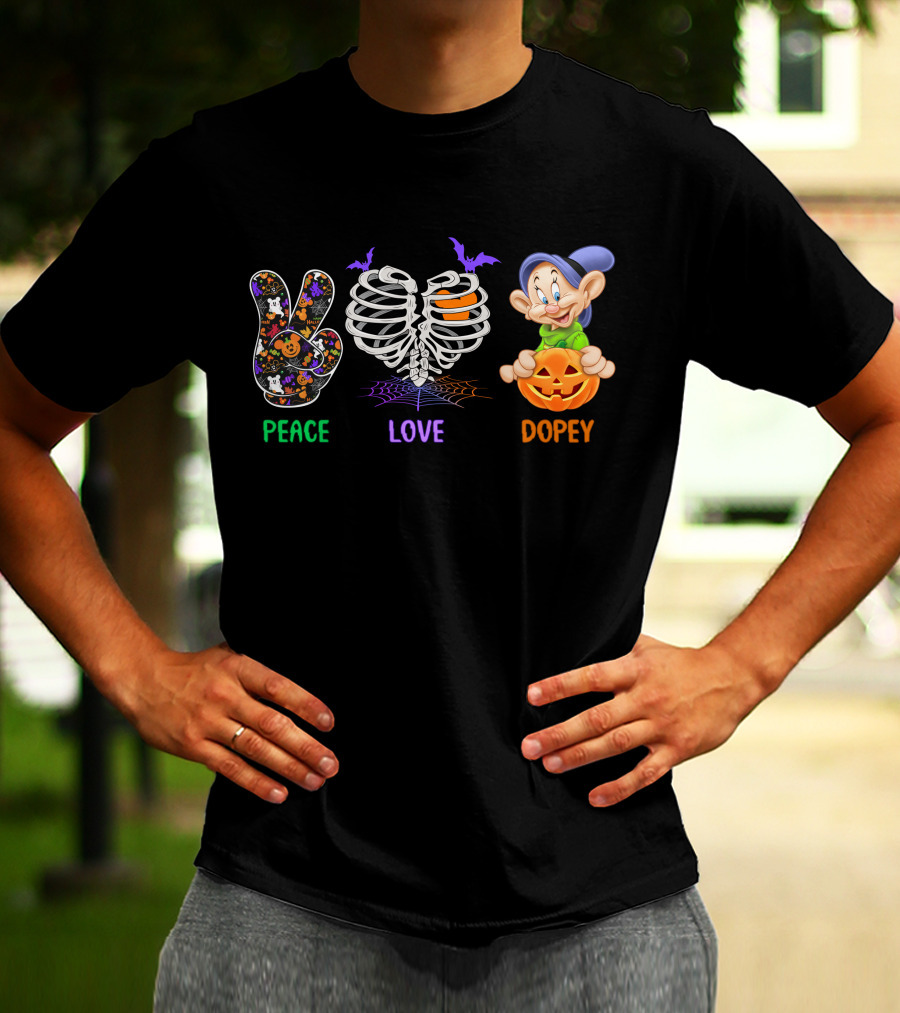 Peace Love Dopey Halloween Skeleton Pumpkin T-Shirt