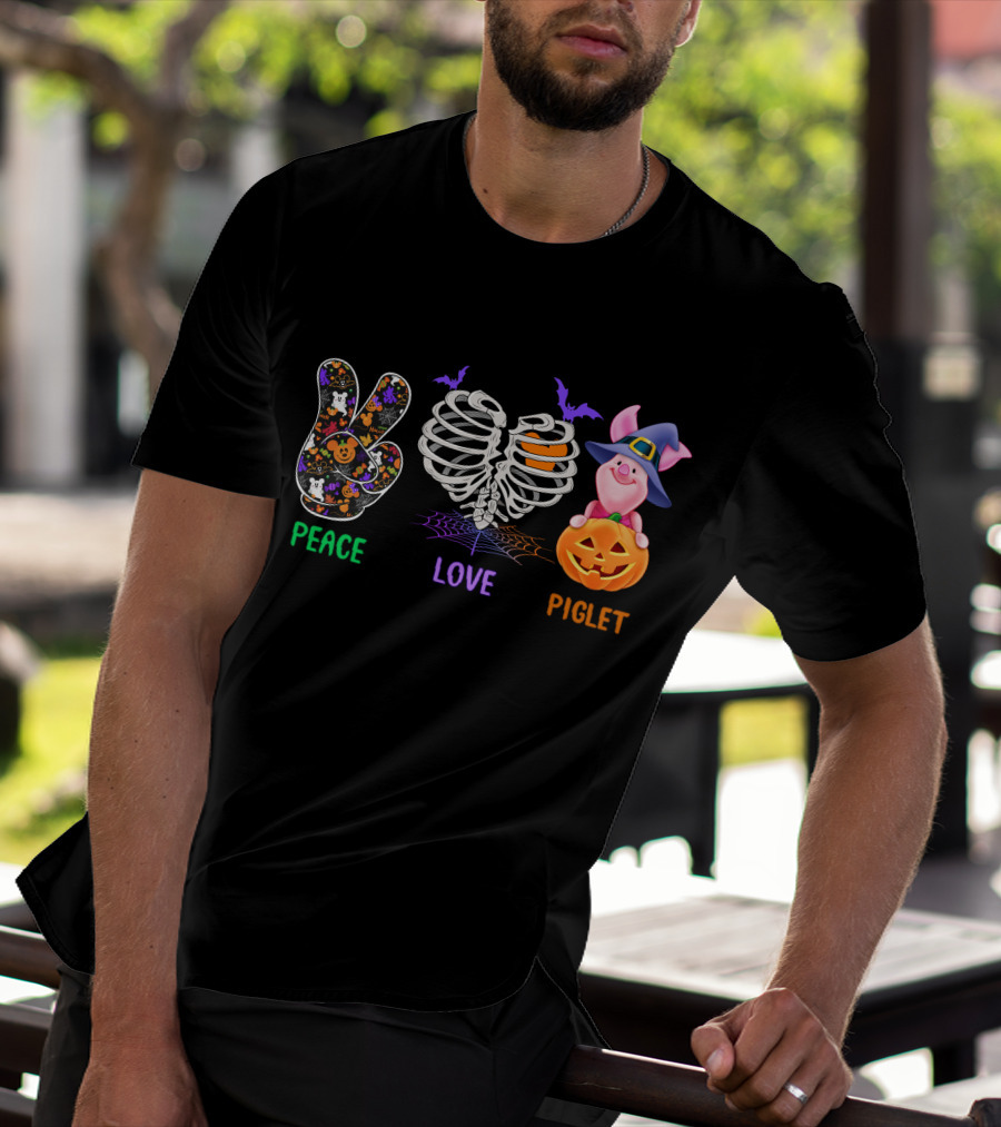 Peace Love Piglet Halloween Theme Pumpkin Skeleton Bats T-Shirt