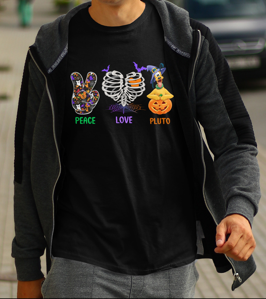 Peace Love Pluto Halloween Pumpkin And Skeleton Rib Cage With Bat Accents T-Shirt