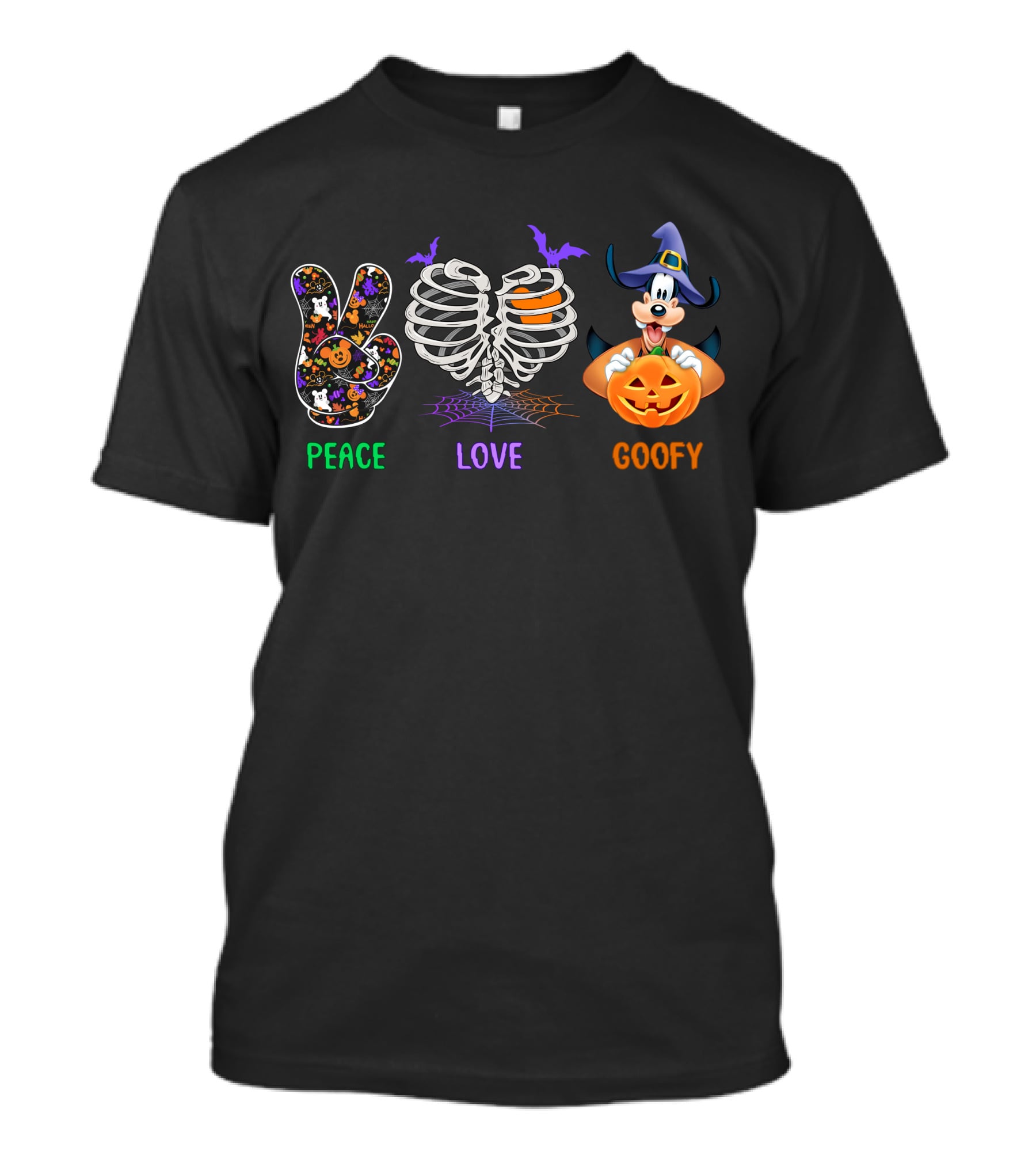 Peace Love Goofy Halloween Skeleton Ribcage Pumpkin And Bat Icons T-Shirt