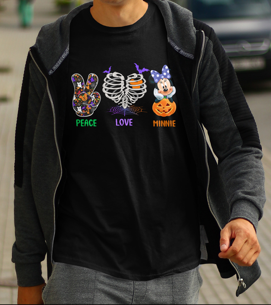 Peace Love Minnie Halloween Skeleton Pumpkin T-Shirt