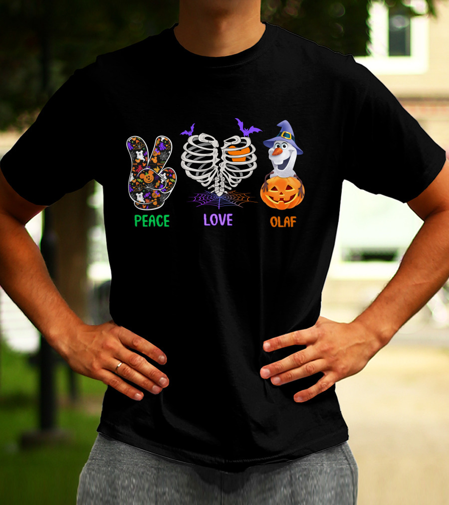 Peace Love Olaf Halloween Pumpkin Skeleton Bats T-Shirt