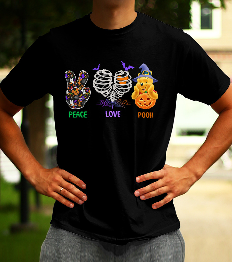 Peace Love Pooh Halloween Pumpkin Skeleton Ribs T-Shirt