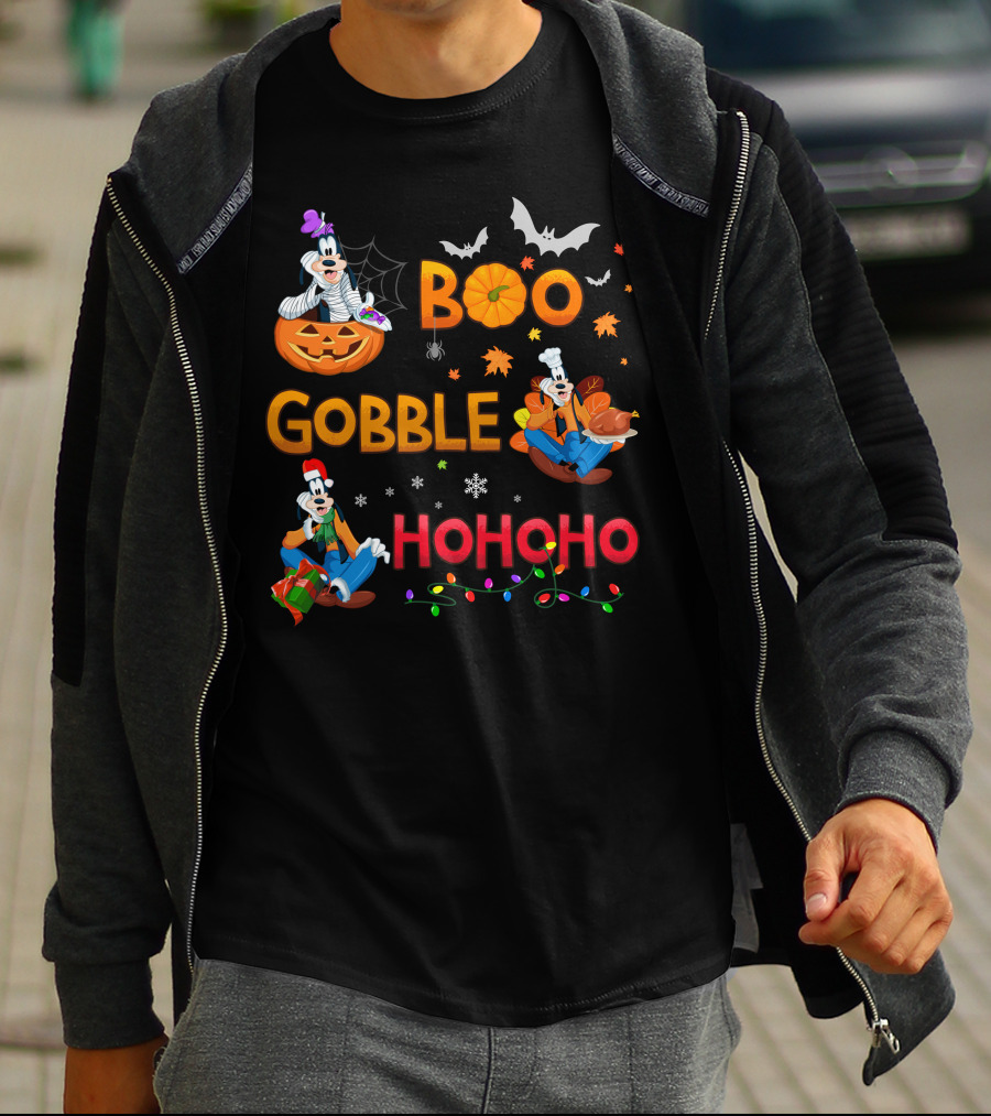 Boo Gobble Ho Ho Ho Goofy Halloween Thanksgiving Christmas T-Shirt