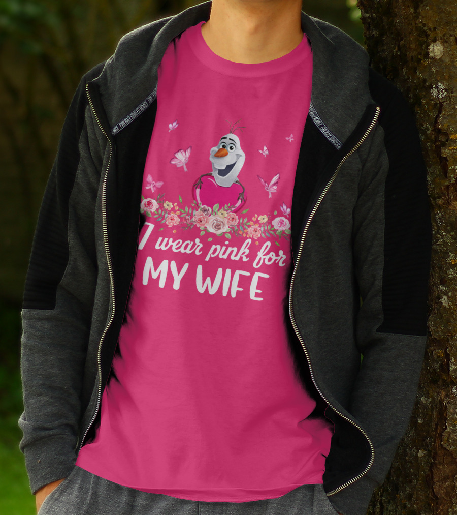 I Wear Pink For My Wife Olaf Roses Butterflies T-Shirt