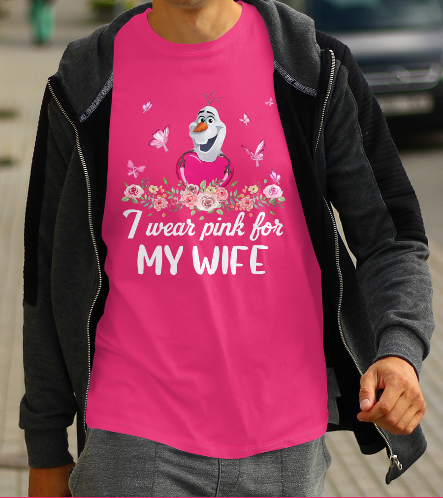 I Wear Pink For My Wife Olaf Roses Butterflies T-Shirt