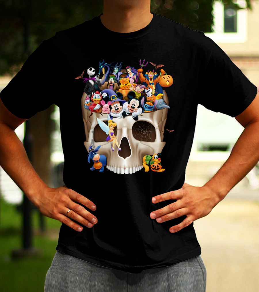 Disney Halloween Skull Characters Mickey Maleficent Jack Skellington Tinker Bell Stitch Donald Goofy T-Shirt