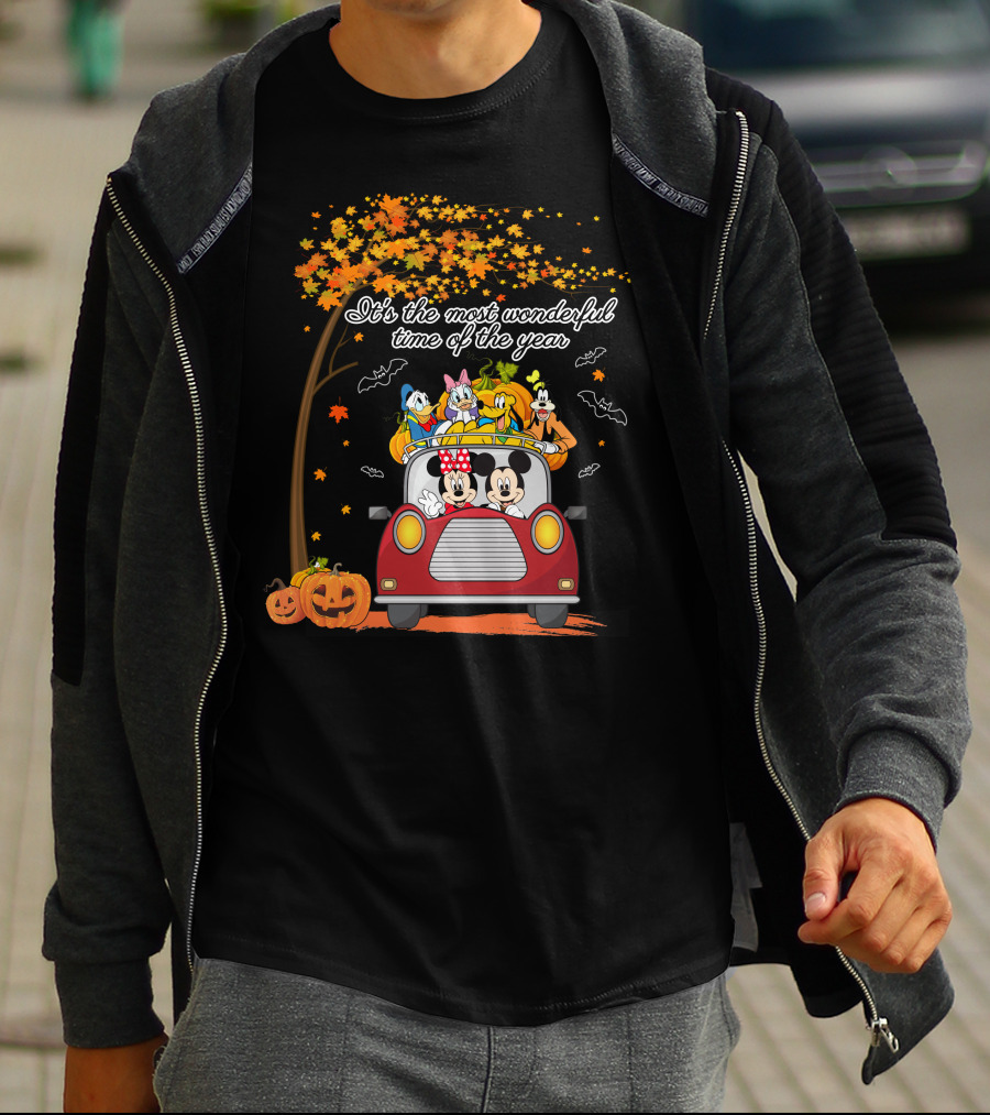 It's The Most Wonderful Time Of The Year Halloween Disney Characters In Car With Pumpkins And Leaves T-Shirt
