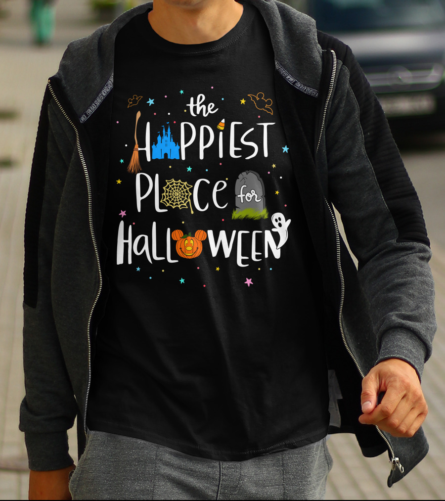 The Happiest Place For Halloween Spooky Castle Mickey Pumpkin Ghost Bats T-Shirt
