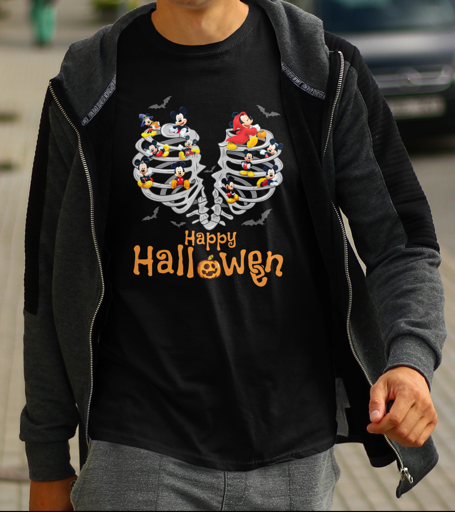 Happy Halloween Mickey Rib Skeleton Bats T-Shirt