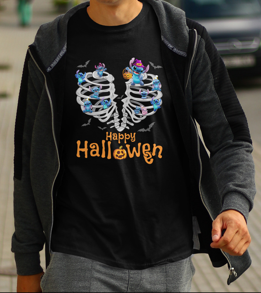 Happy Halloween Stitch Skeleton Ribcage Bats T-Shirt