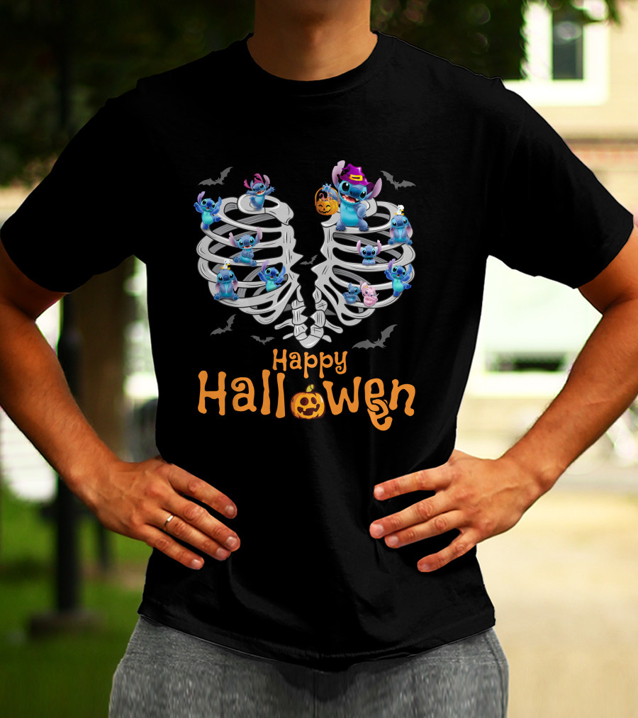 Happy Halloween Stitch Skeleton Ribcage Bats T-Shirt