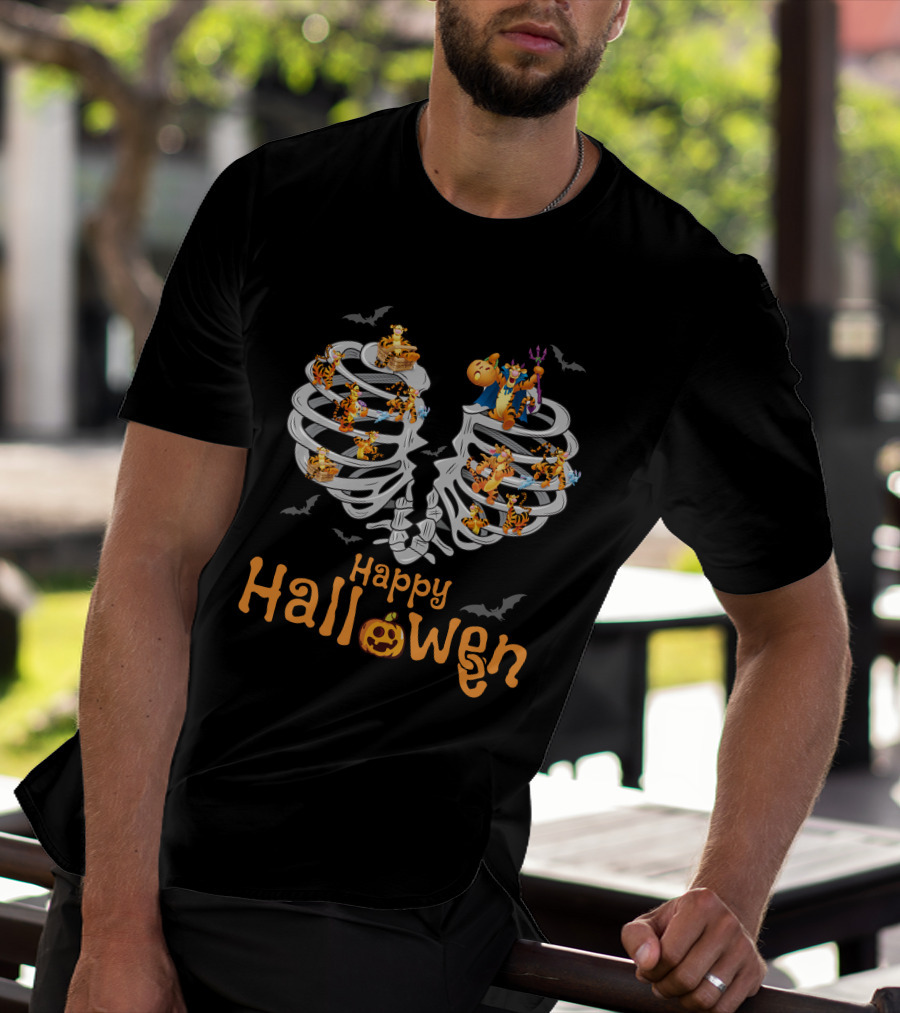 Happy Halloween Tigger Skeleton Ribcage Bat Pumpkin T-Shirt