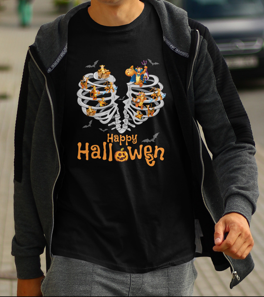Happy Halloween Tigger Skeleton Ribcage Bat Pumpkin T-Shirt