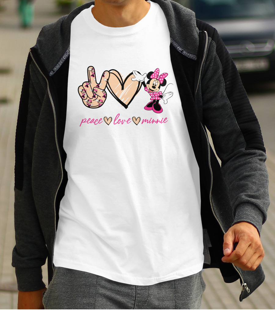 Peace Love Minnie Mouse Floral Pattern Pink Bow T-Shirt