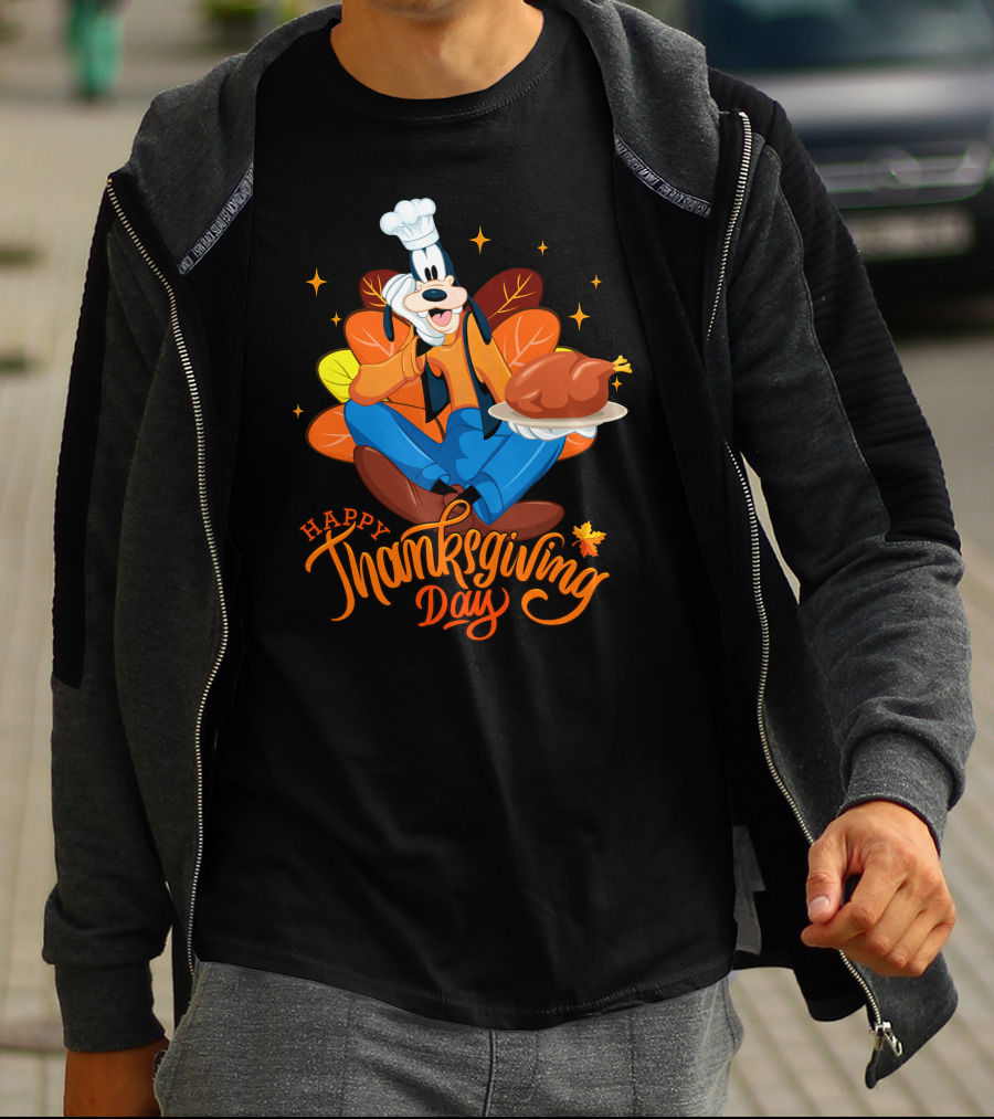 Happy Thanksgiving Day Goofy Chef With Turkey And Autumn Leaves T-Shirt