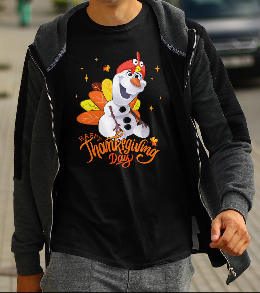 Happy Thanksgiving Day Olaf Snowman With Turkey Leaves And Stars T-Shirt