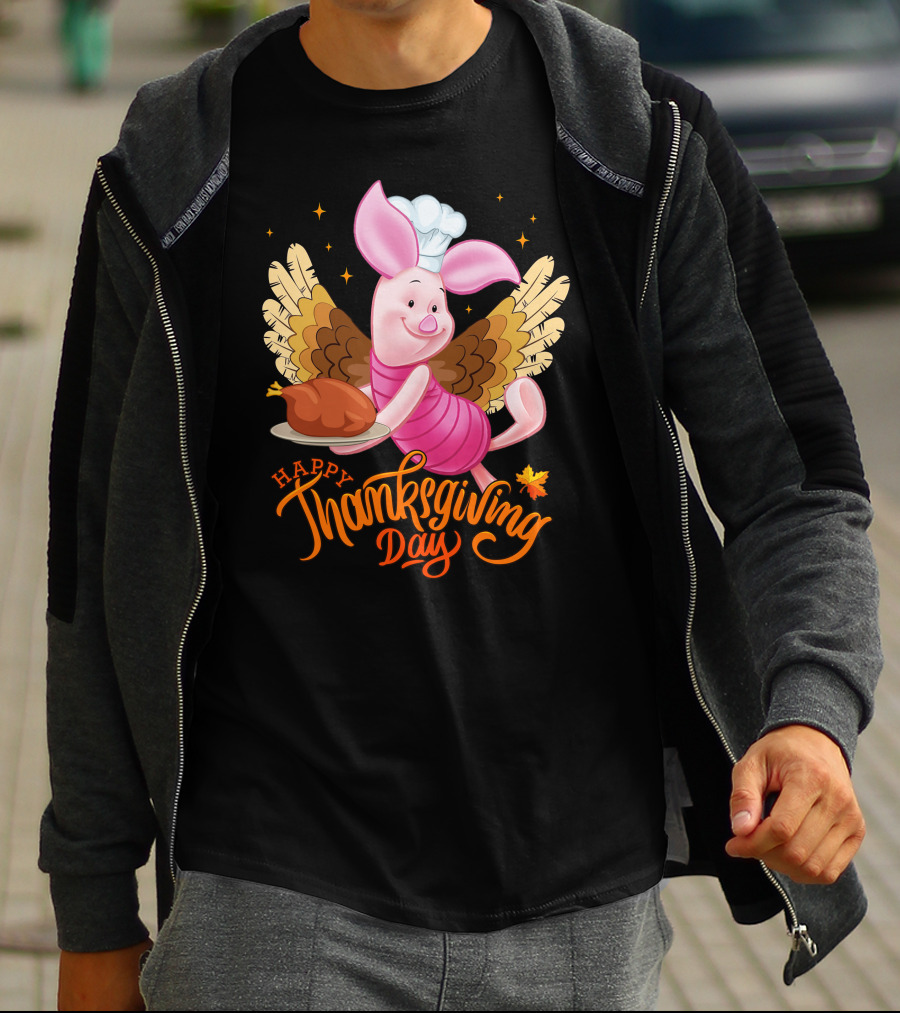 Happy Thanksgiving Day Piglet Chef With Turkey And Wings T-Shirt