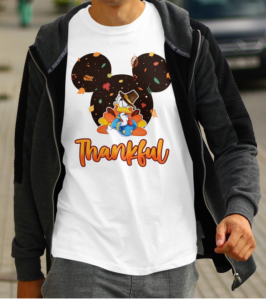 Thankful Donald Duck Mickey Ears Fall Leaves T-Shirt
