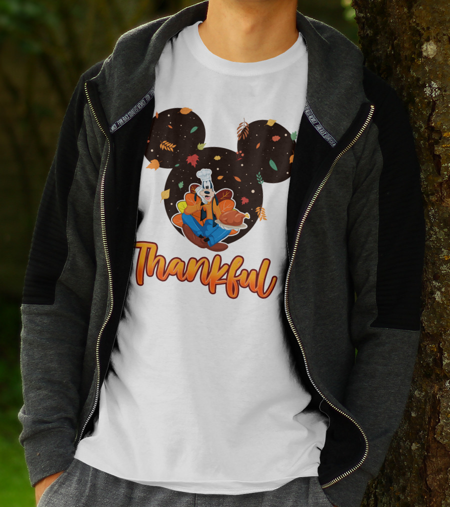Thankful Goofy Chef With Turkey And Autumn Leaves Mickey Ears T-Shirt