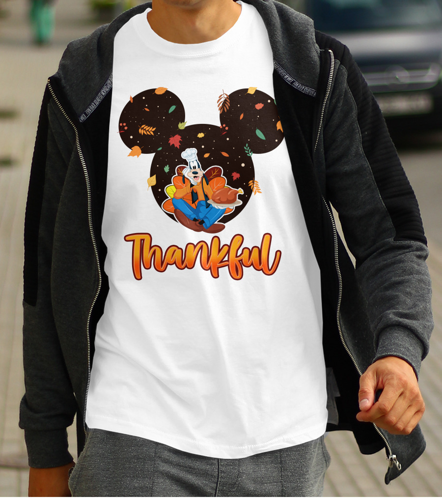 Thankful Goofy Chef With Turkey And Autumn Leaves Mickey Ears T-Shirt