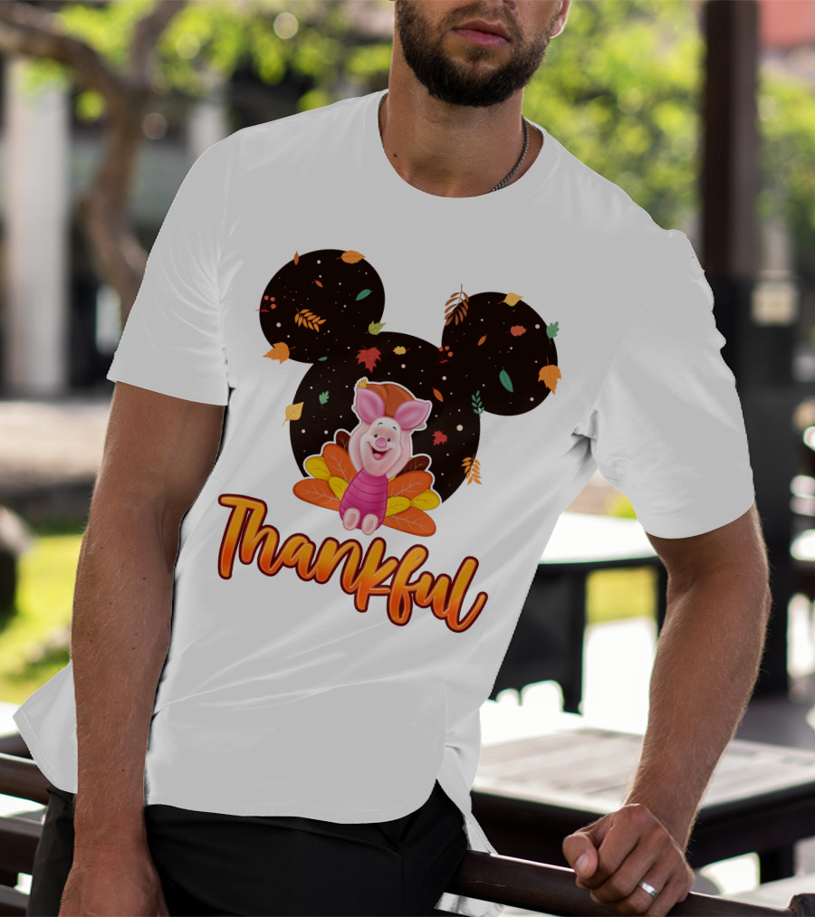 Thankful Piglet With Mickey Ears And Autumn Leaves T-Shirt