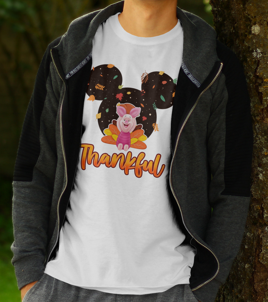 Thankful Piglet With Mickey Ears And Autumn Leaves T-Shirt