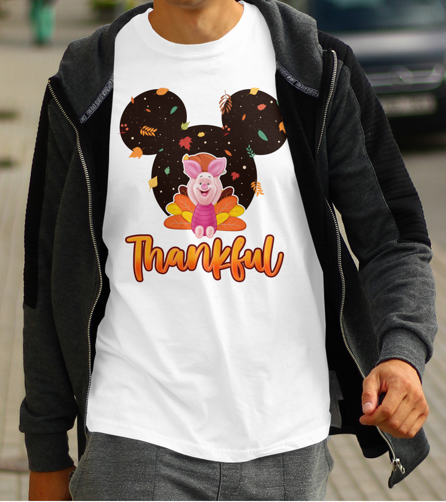 Thankful Piglet With Mickey Ears And Autumn Leaves T-Shirt