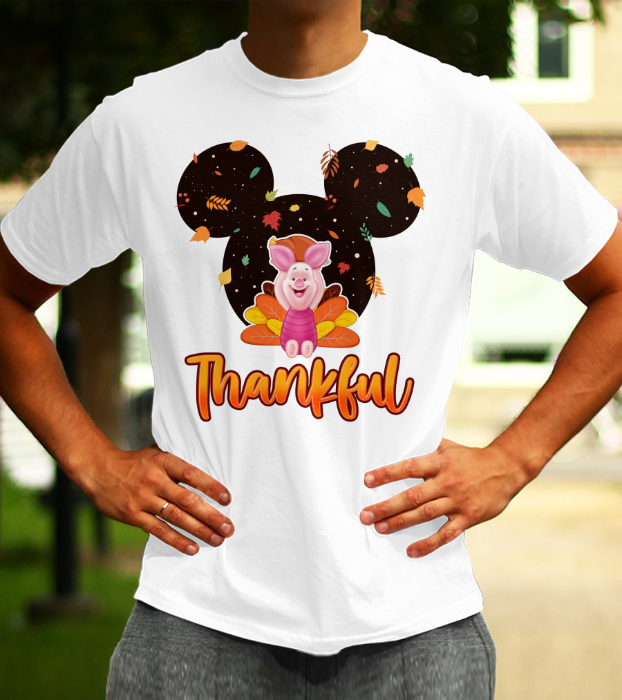 Thankful Piglet With Mickey Ears And Autumn Leaves T-Shirt