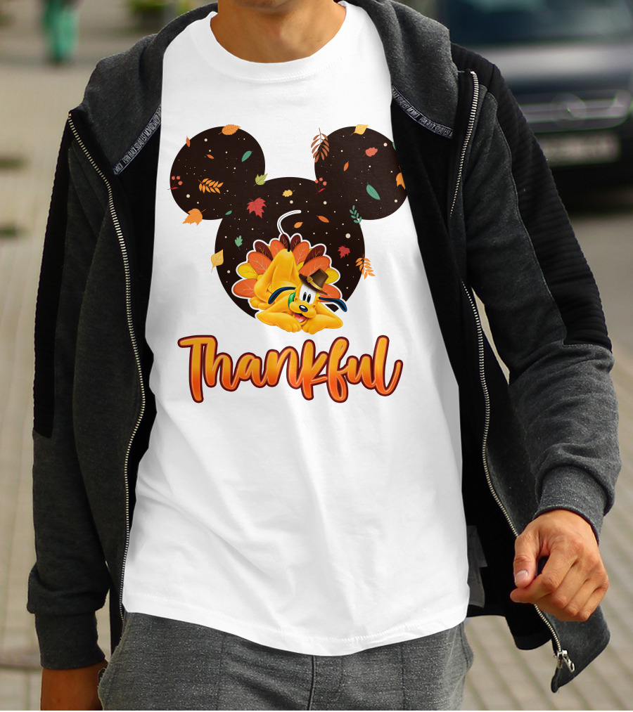 Thankful Pluto In Autumn Leaves Mickey Ears T-Shirt