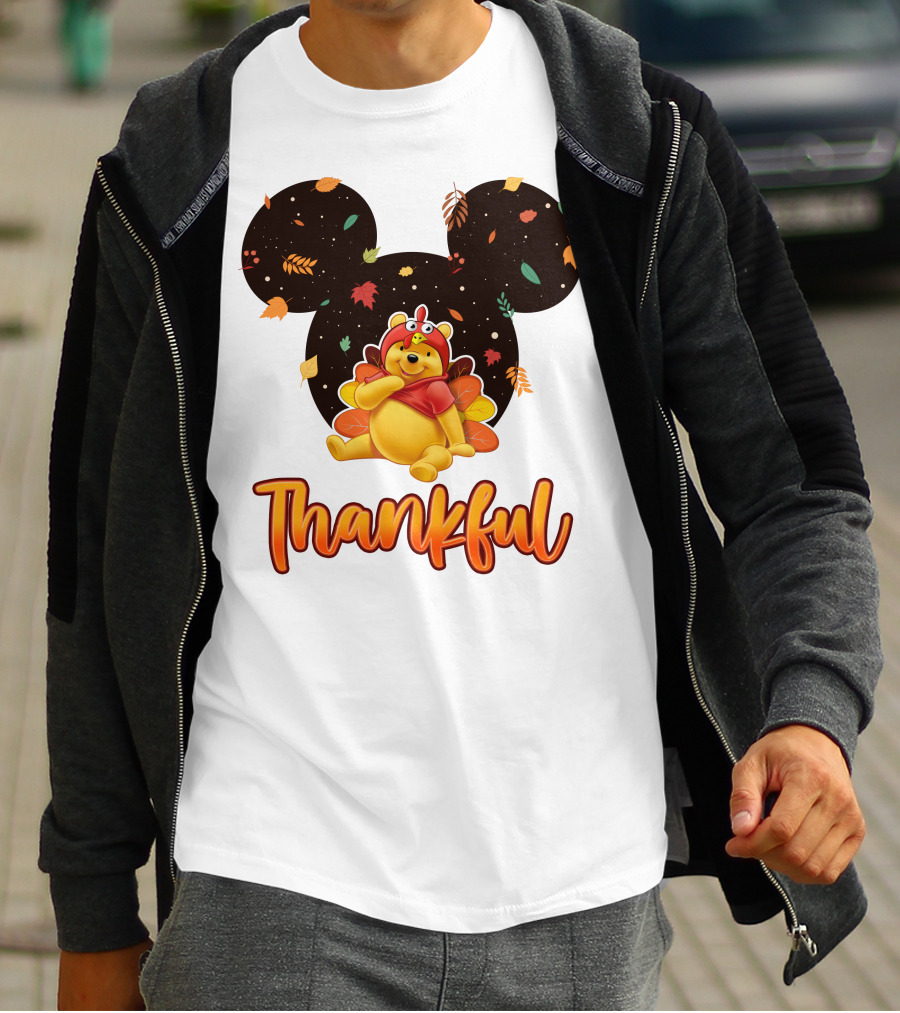 Thankful Pooh Turkey Costume Mickey Ears Leaves T-Shirt