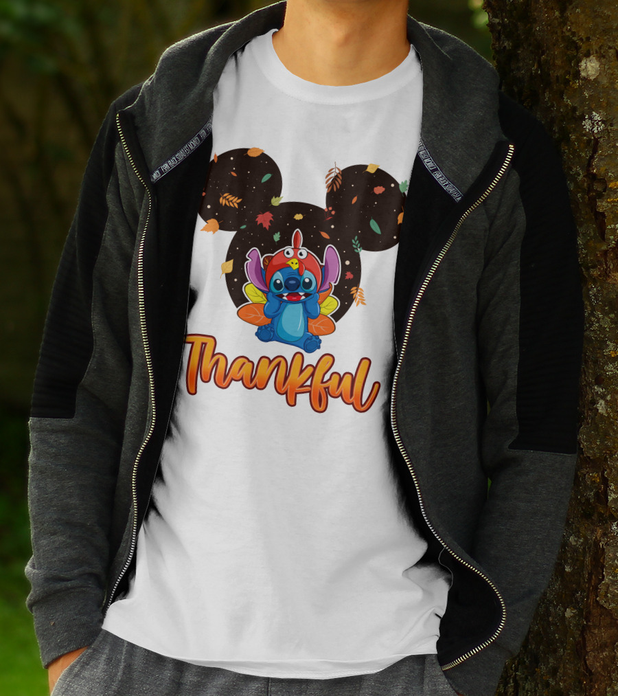 Thankful Stitch Thanksgiving Mickey Ears Autumn Leaves T-Shirt