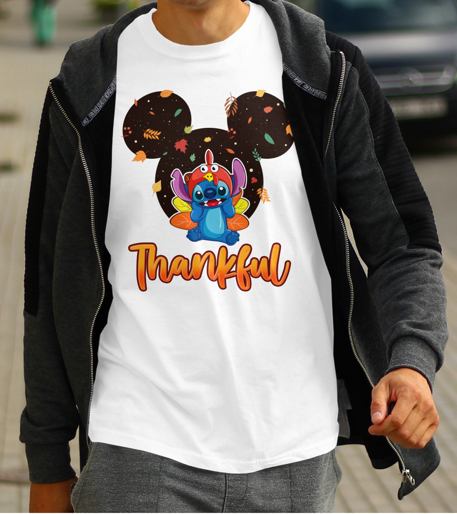 Thankful Stitch Thanksgiving Mickey Ears Autumn Leaves T-Shirt