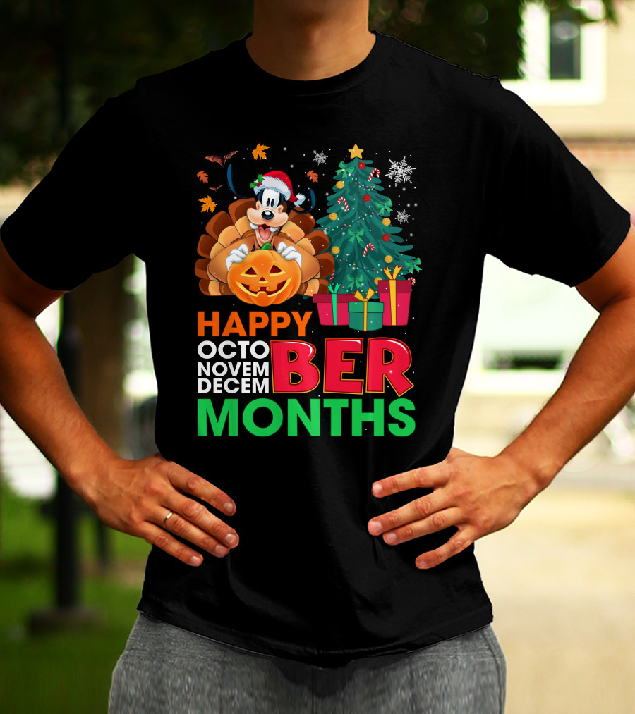Happy Octo Novem Decem Ber Months Goofy Pumpkin Christmas Tree T-Shirt