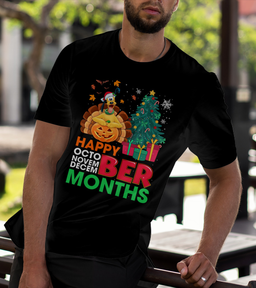 Happy Octo Novem Decem Ber Months Pluto Turkey Pumpkin Christmas Tree Presents T-Shirt