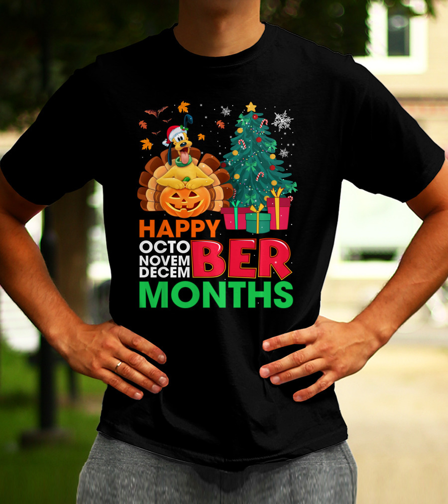 Happy Octo Novem Decem Ber Months Pluto Turkey Pumpkin Christmas Tree Presents T-Shirt