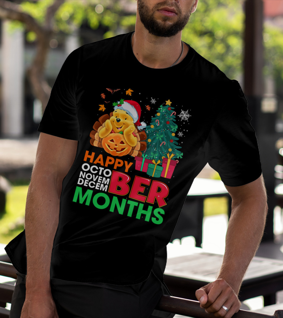 Happy Octo Novem Decem Ber Months Pooh Santa Hat Pumpkin Christmas Tree Gifts Snowflakes T-Shirt