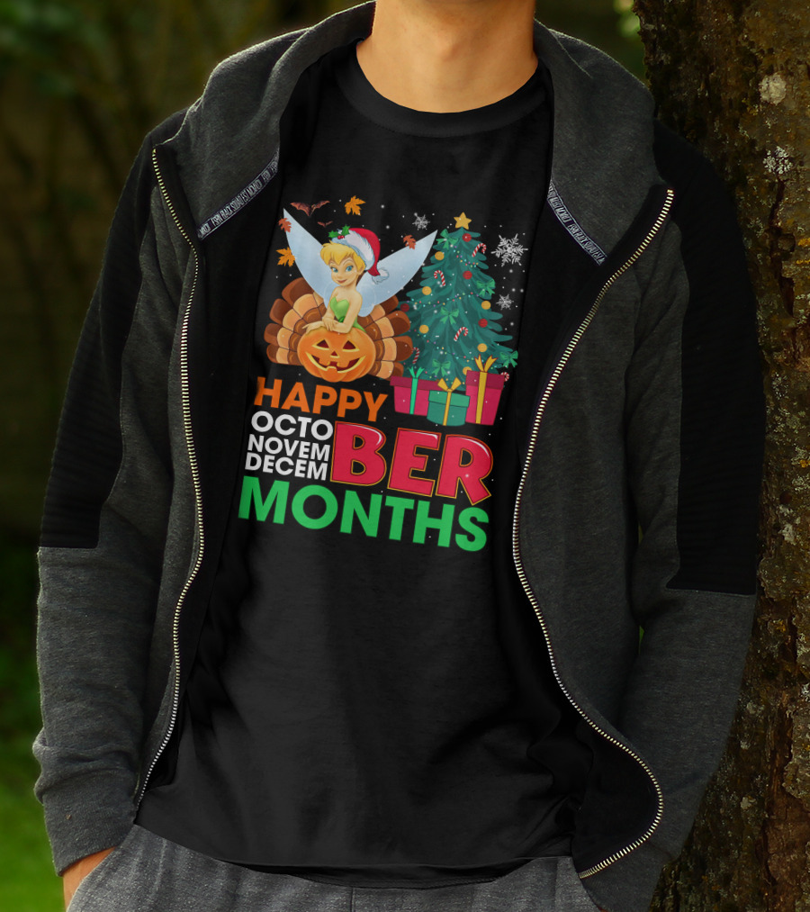 Happy Octo Novem Decem Ber Months Tinker Bell Christmas Tree Thanksgiving Pumpkin Santa Hat T-Shirt