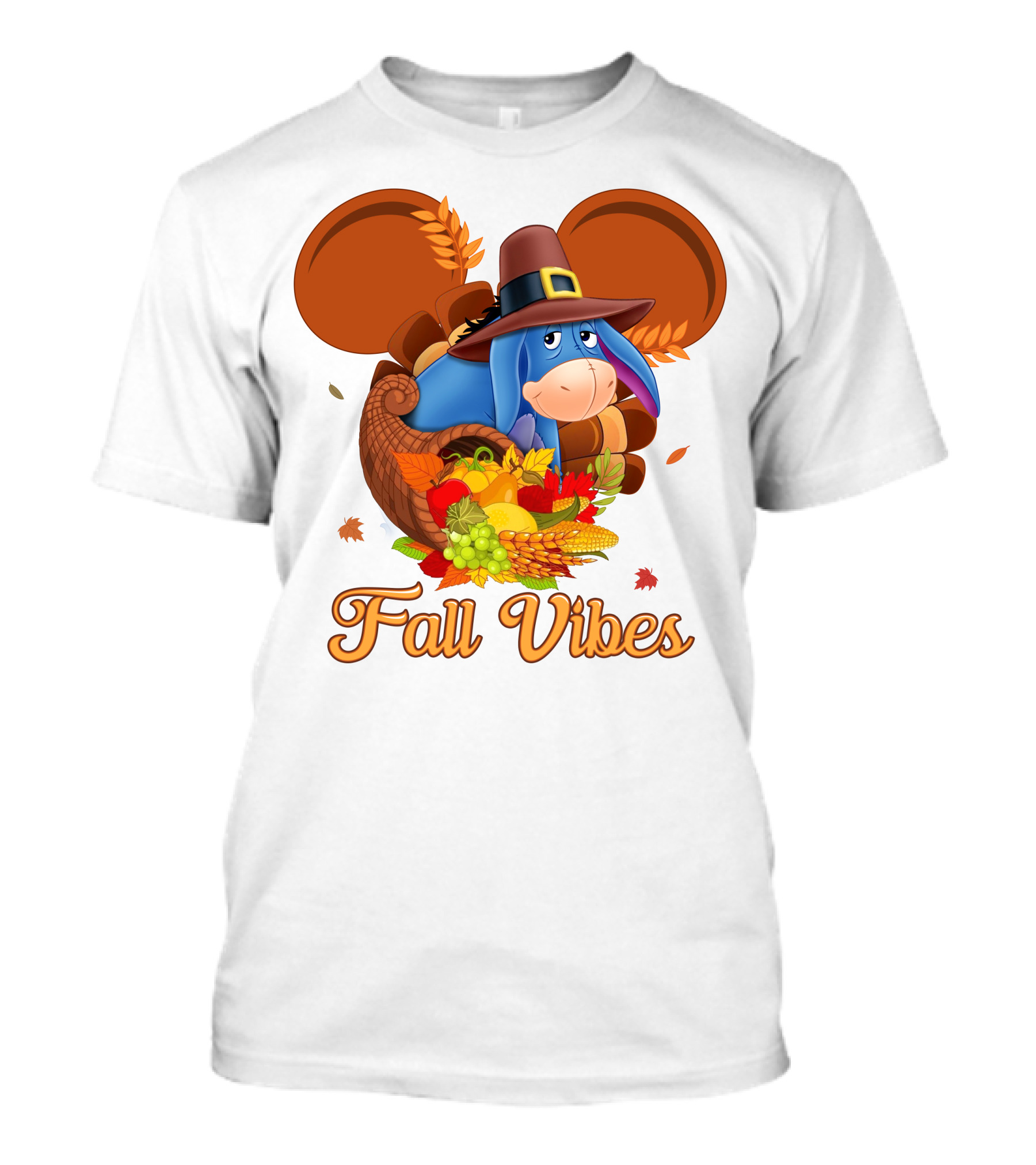Eeyore Fall Vibes Cornucopia With Pilgrim Hat And Autumn Leaves T-Shirt